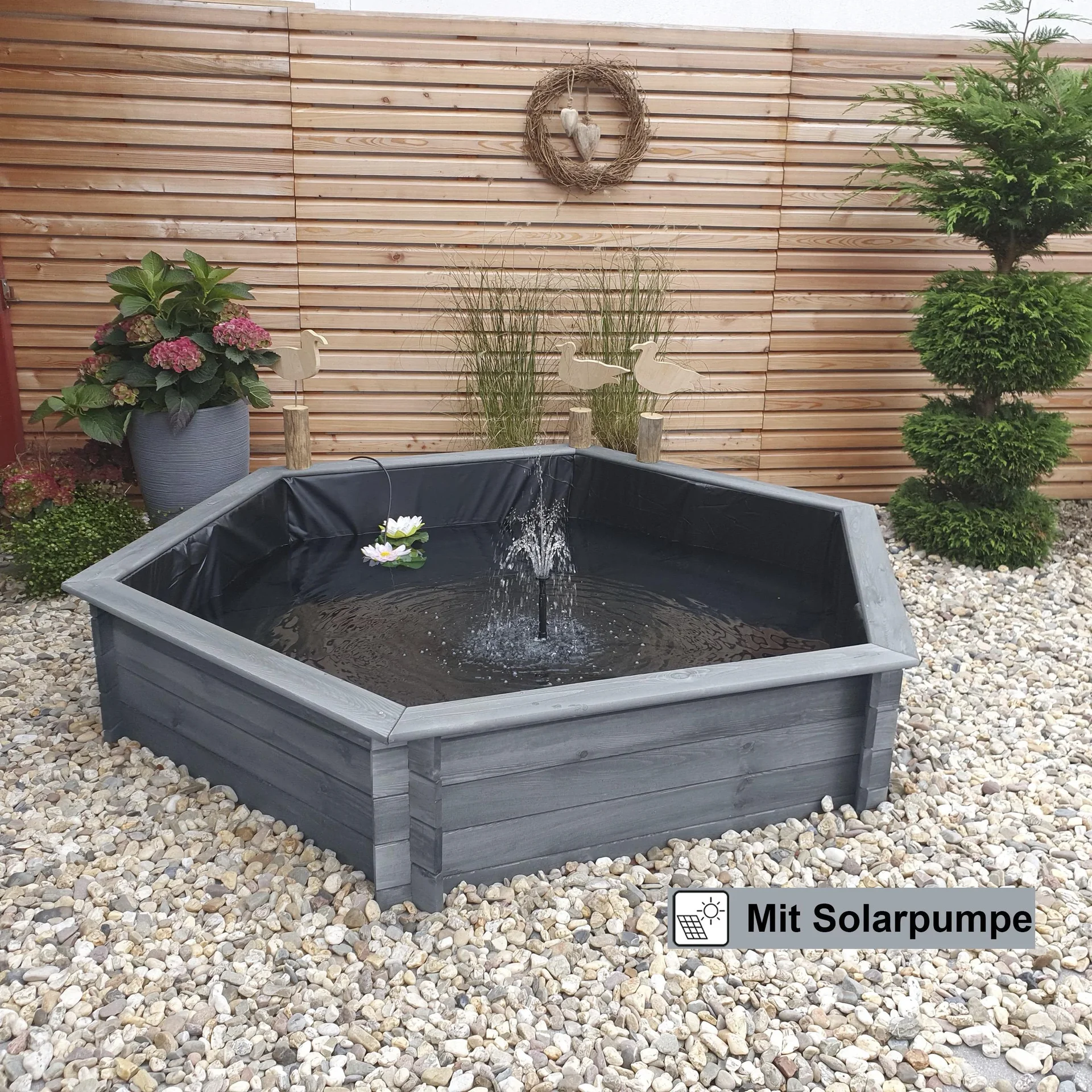 Sechseck-Hochteich 200 cm Solar, grau - 0