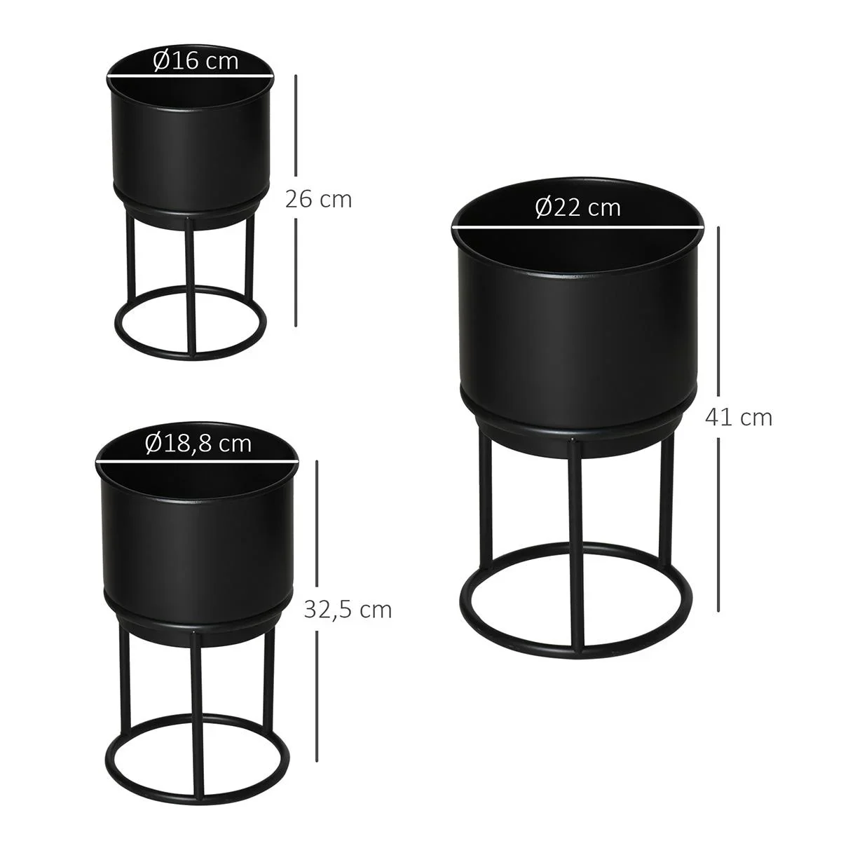 3er Set Blumenständer mit Blumentopf aus Metall Pflanzenständer Set Blumenhocker Blumentopfhalter Pflanzenhocker Schwarz - 0