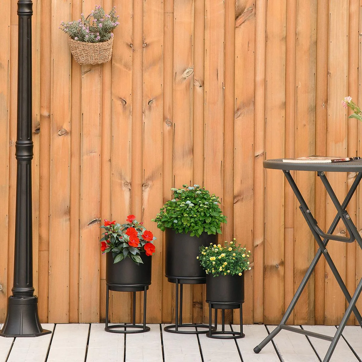 3er Set Blumenständer mit Blumentopf aus Metall Pflanzenständer Set Blumenhocker Blumentopfhalter Pflanzenhocker Schwarz - 3