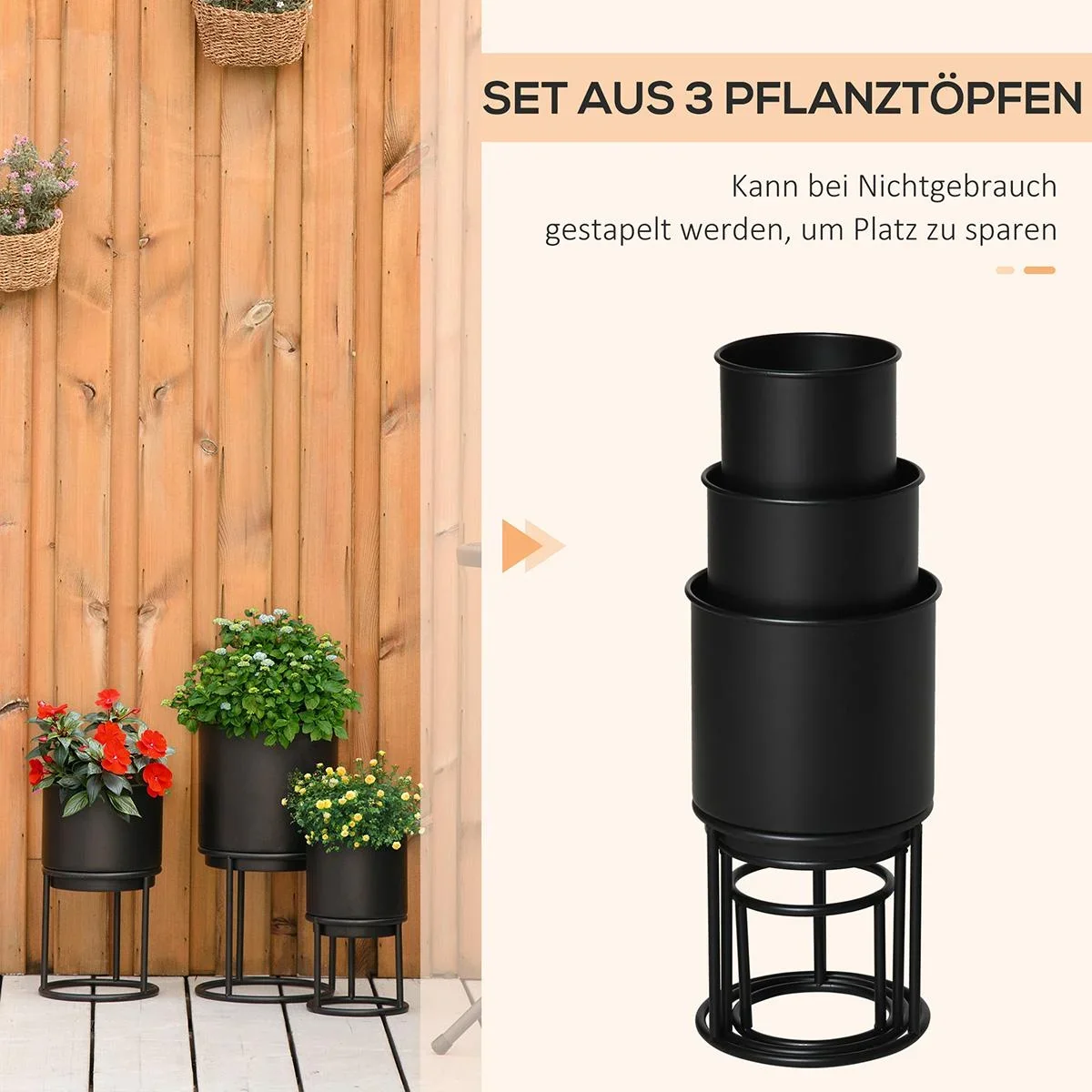 3er Set Blumenständer mit Blumentopf aus Metall Pflanzenständer Set Blumenhocker Blumentopfhalter Pflanzenhocker Schwarz - 4