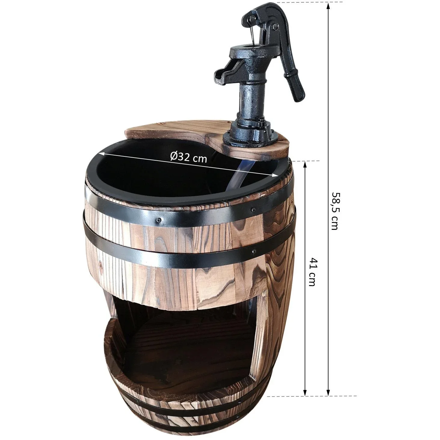 Gartenbrunnen Zierbrunnen Springbrunnen Wasserfall Holzfass mit Pflanzengefäß Dunkelbraun ?32 x 58,5 cm - 1