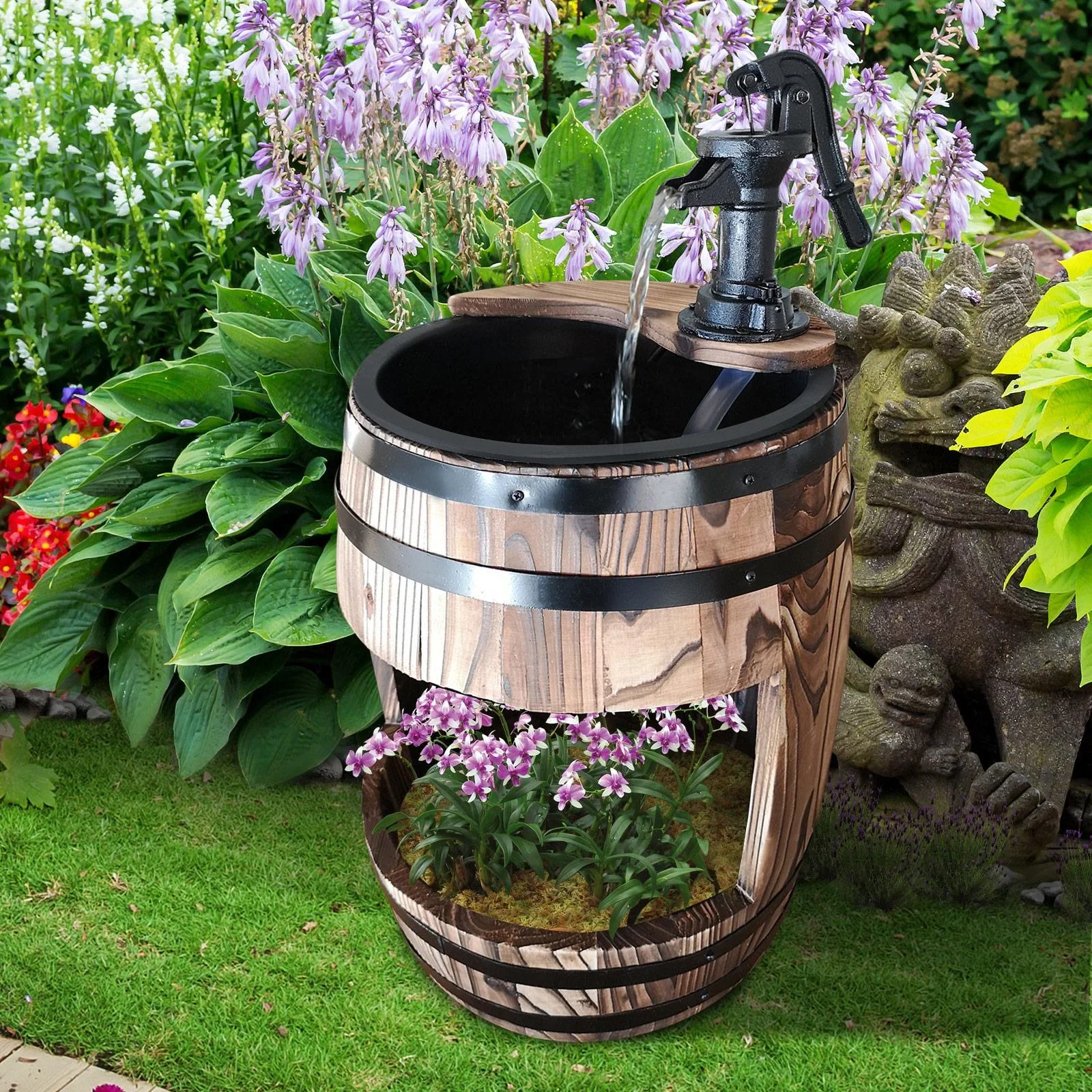 Gartenbrunnen Zierbrunnen Springbrunnen Wasserfall Holzfass mit Pflanzengefäß Dunkelbraun ?32 x 58,5 cm - 4