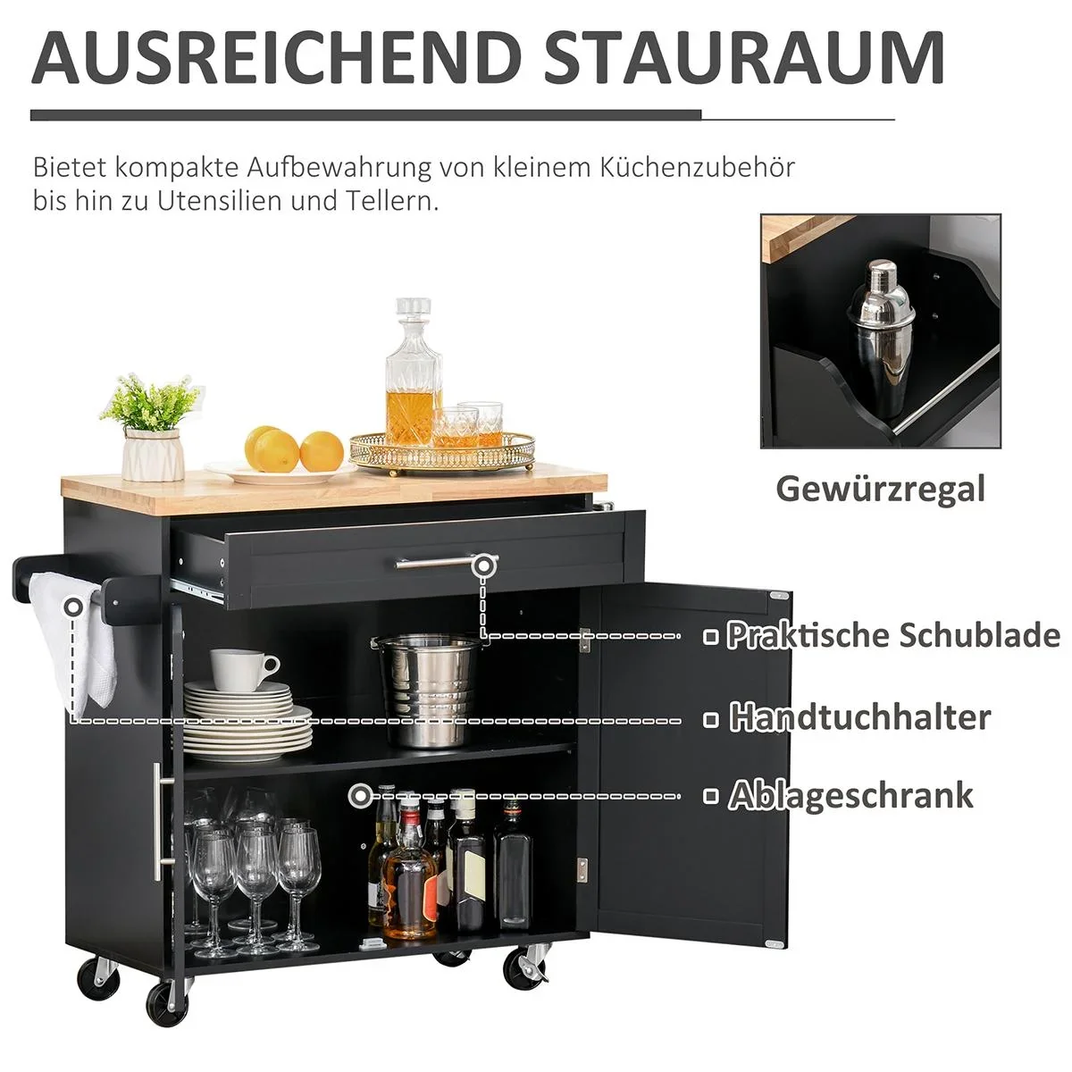 Küchenwagen rollbar Servierwagen Küchentrolley mit höhenverstellbaren Einlegeböden MDF Schwarz 109 x 40 x 89 cm - 0