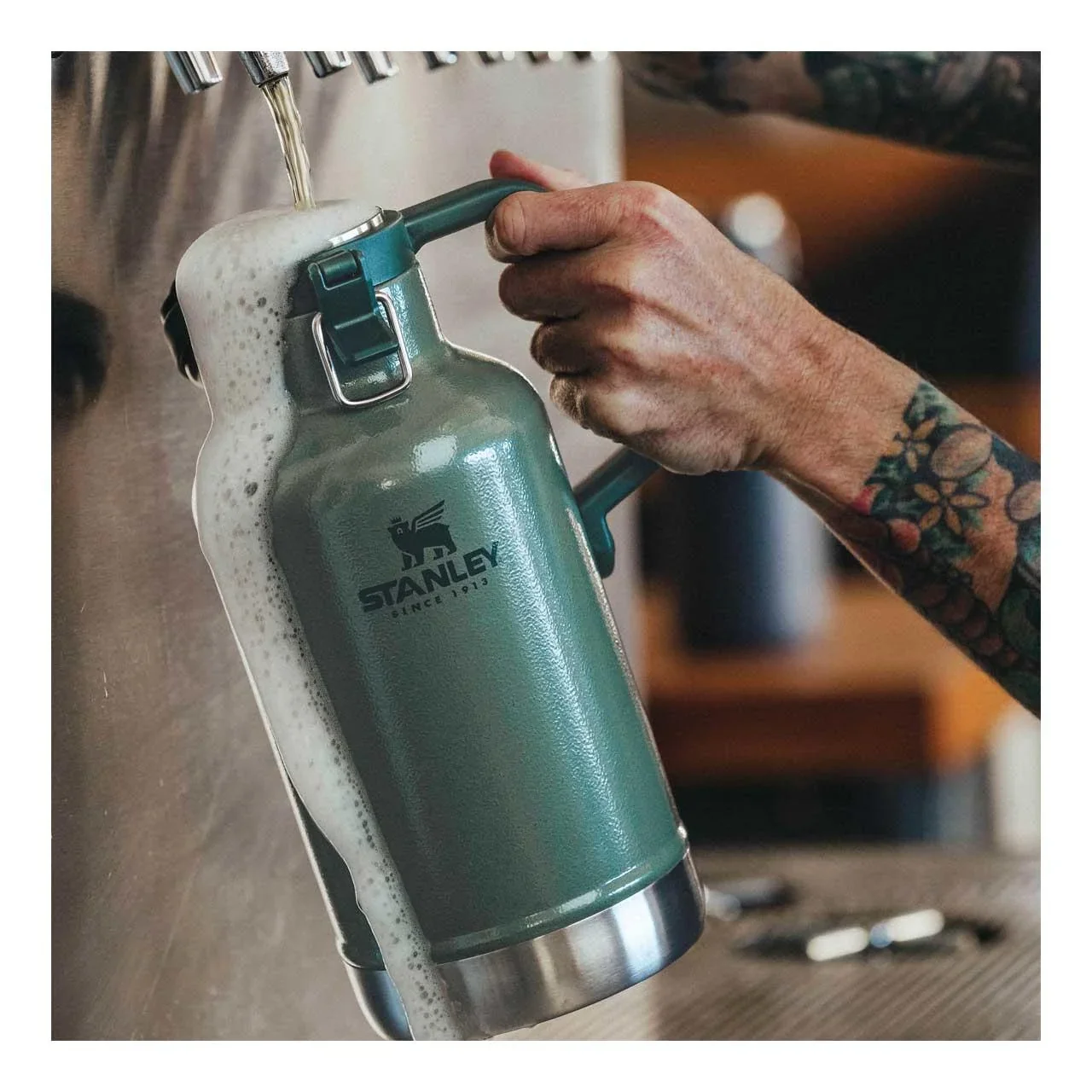 Classic Vakuum Beer Growler 1,9 l, 18/8 Stahl, Hammertone grün, doppelwandige Vakuumisolierung - 1