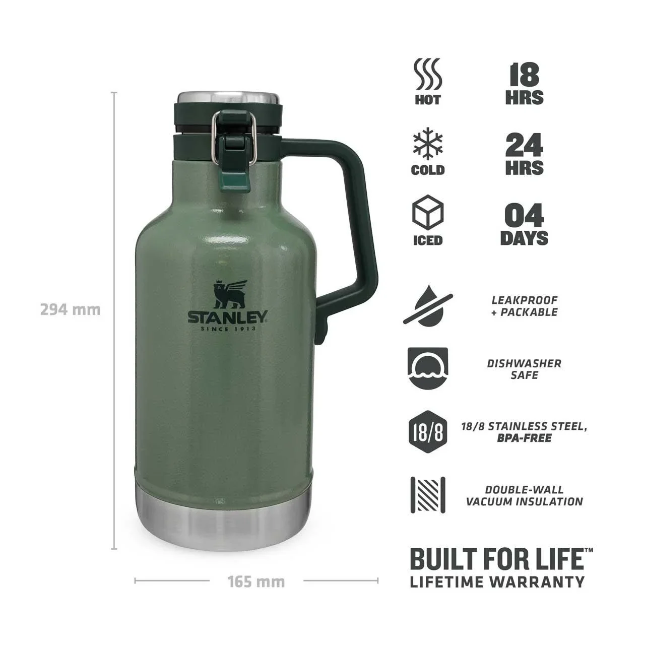 Classic Vakuum Beer Growler 1,9 l, 18/8 Stahl, Hammertone grün, doppelwandige Vakuumisolierung - 2