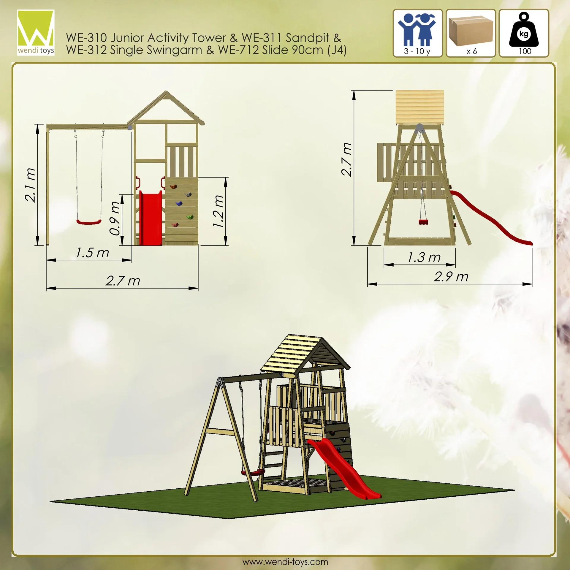 Holz Kletter- und Spielturm Panda natur, 270x290x270 cm - 4