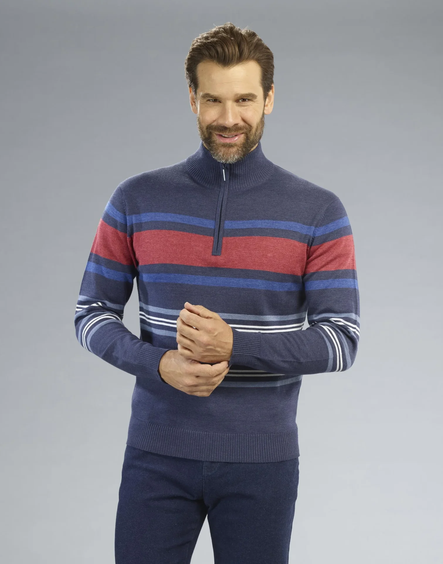 Pullover mit Reißverschluß, Farbe blau/gestreift, Gr.M - 1