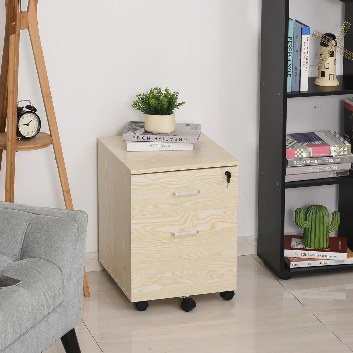 Rollcontainer Aktenschrank mit 2 Schubladen mobil abschließbar 5 Universalräder Spanplatte Natur 40 x 45 x 55,6 cm - 0