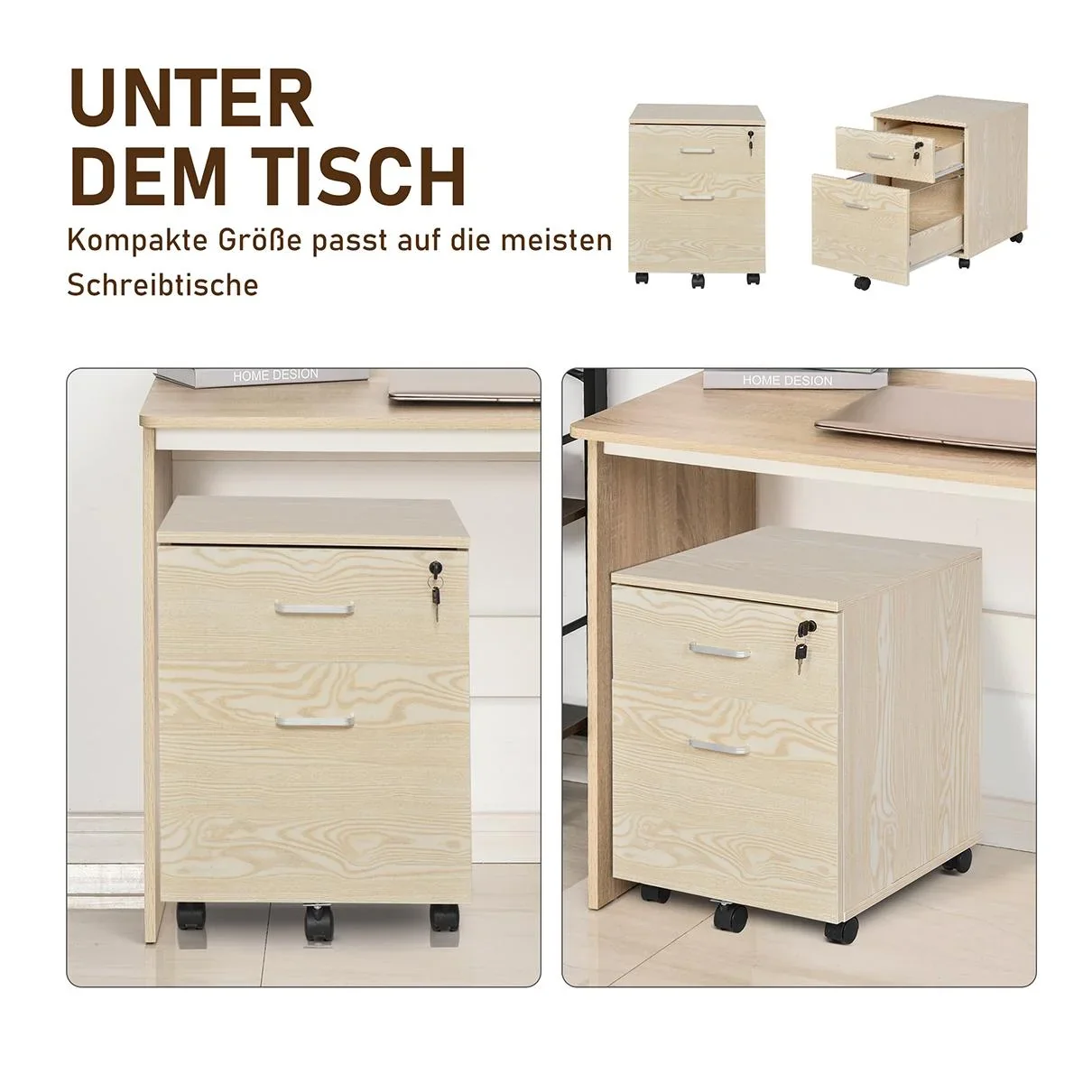 Rollcontainer Aktenschrank mit 2 Schubladen mobil abschließbar 5 Universalräder Spanplatte Natur 40 x 45 x 55,6 cm - 1