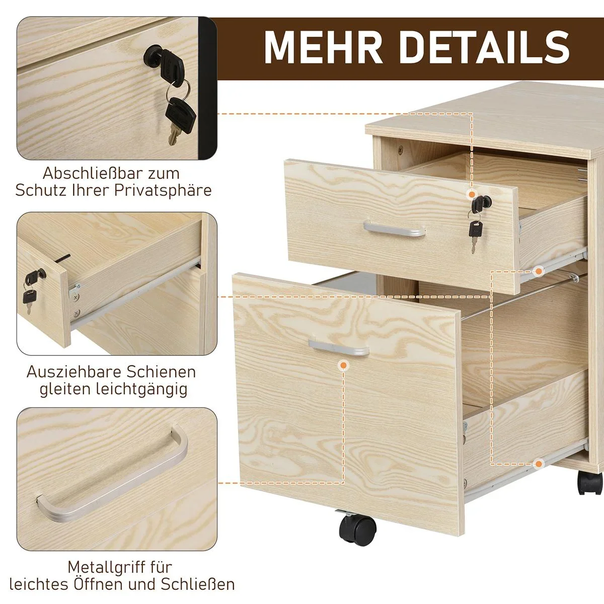 Rollcontainer Aktenschrank mit 2 Schubladen mobil abschließbar 5 Universalräder Spanplatte Natur 40 x 45 x 55,6 cm - 2