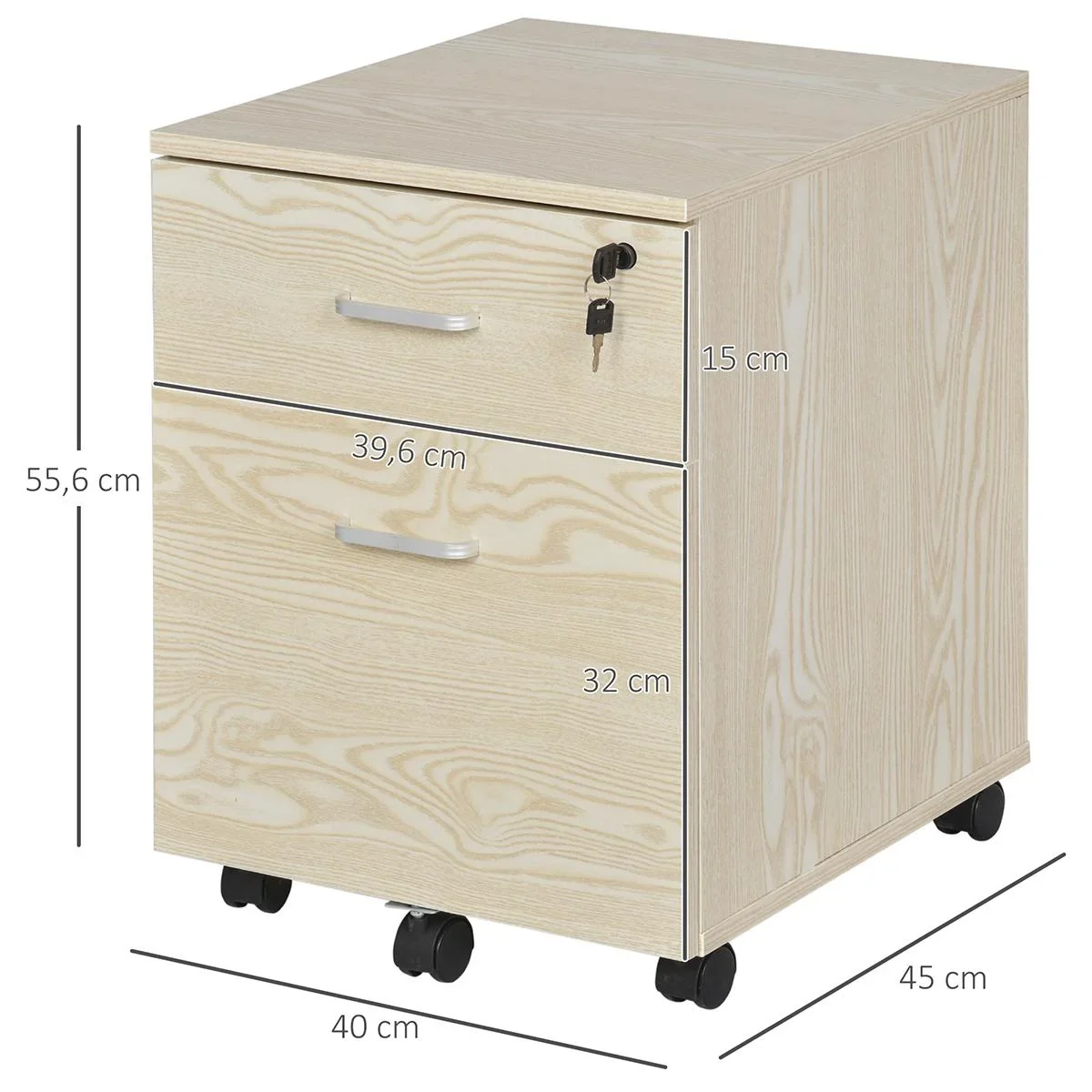 Rollcontainer Aktenschrank mit 2 Schubladen mobil abschließbar 5 Universalräder Spanplatte Natur 40 x 45 x 55,6 cm - 3