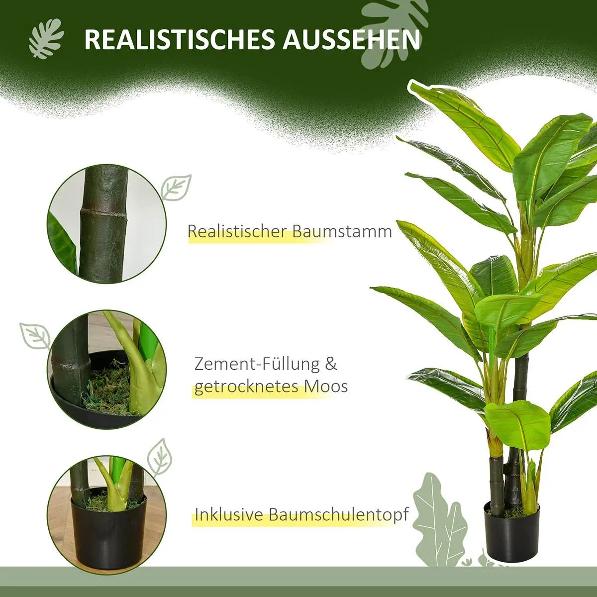 künstliche Pflanzen 150 cm künstlicher Bananen Baum Kunstpflanze Zimmerpflanze Dekopflanze Büropflanze Kunststofftopf fü - 3