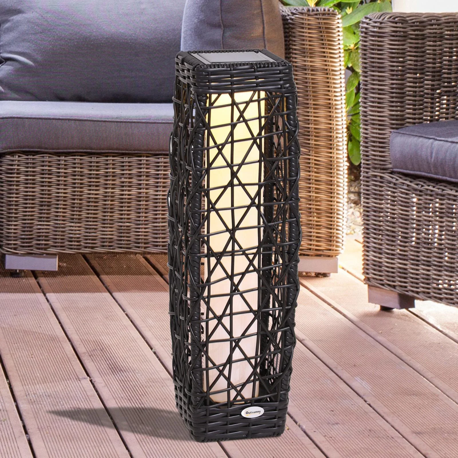 Solarlampe Rattan Gartenlampe Wegbeleuchtung Lichtsensor automatisch wasserdicht kaffeebraun L19 x B19 x H68 cm - 0