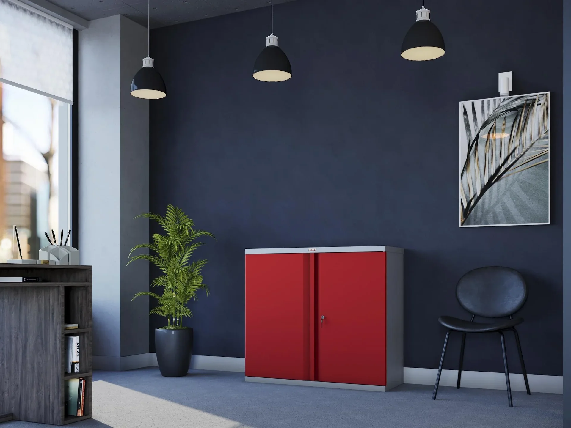 Aufbewahrungsschrank SCL-Serie aus Stahl mit 2 Türen und 1 Regal mit Schlüsselschloss, grau-rot - 4