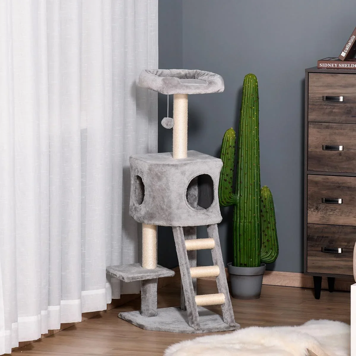 Kratzbaum mit Katzenhöhle Leiter Katzenbaum Kletterbaum für Katzen Mehrstufiges Multiaktivitätszentrum E1 MDF Sisal Hell - 1