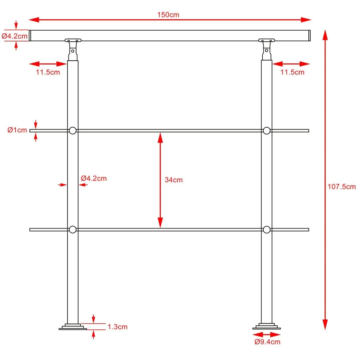 Geländer - Edelstahl - 150 cm - 2 Streben - 0