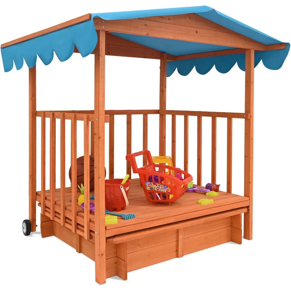 Sandkasten mit Spielhaus und Rollen - 130x130x143 cm - UV 50 - 1