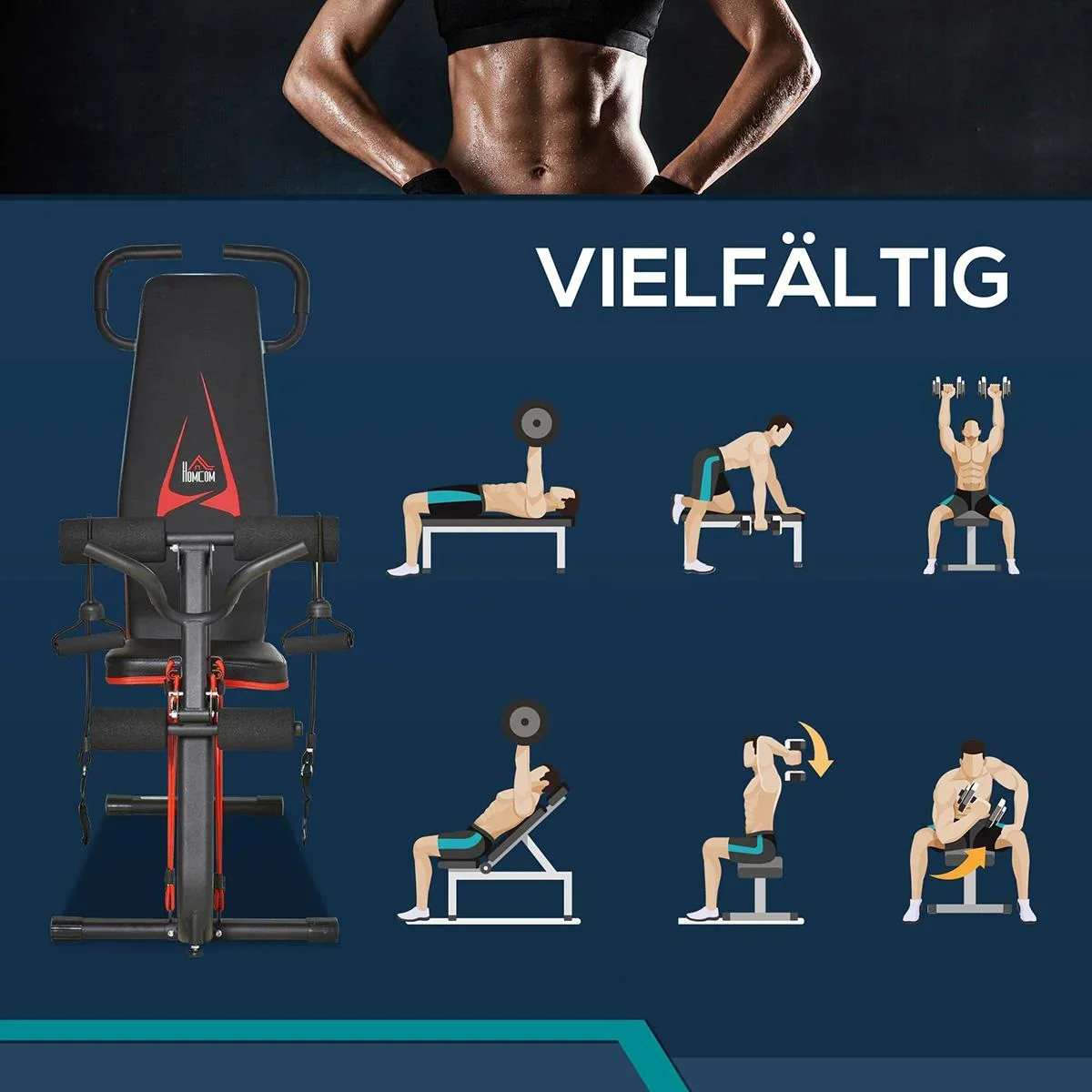 Hantelbank verstellbare Trainingsbank mit elastischer Seils Sit Up-Bank für Heimtraining 6 Stufen Rückenlehne-Gefälle Ge - 2
