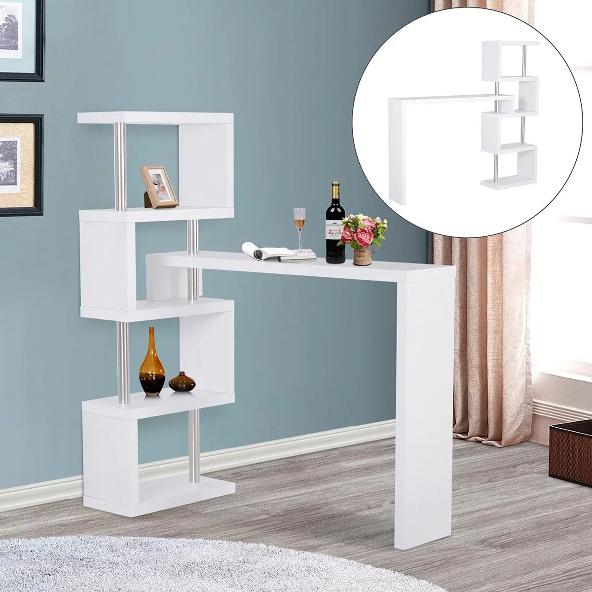 Bartisch-Regal Combi Stehtisch Tresentisch mit 4 Ablagefläche Multi-Winkel-Platzierung Drehbar Weiß 175x30x164,5 cm - 2