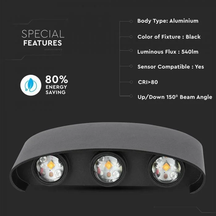 VT-846 LED-Wandleuchte oben / unten - 5W - 630 Lm - 3000K - Schwarz - 5