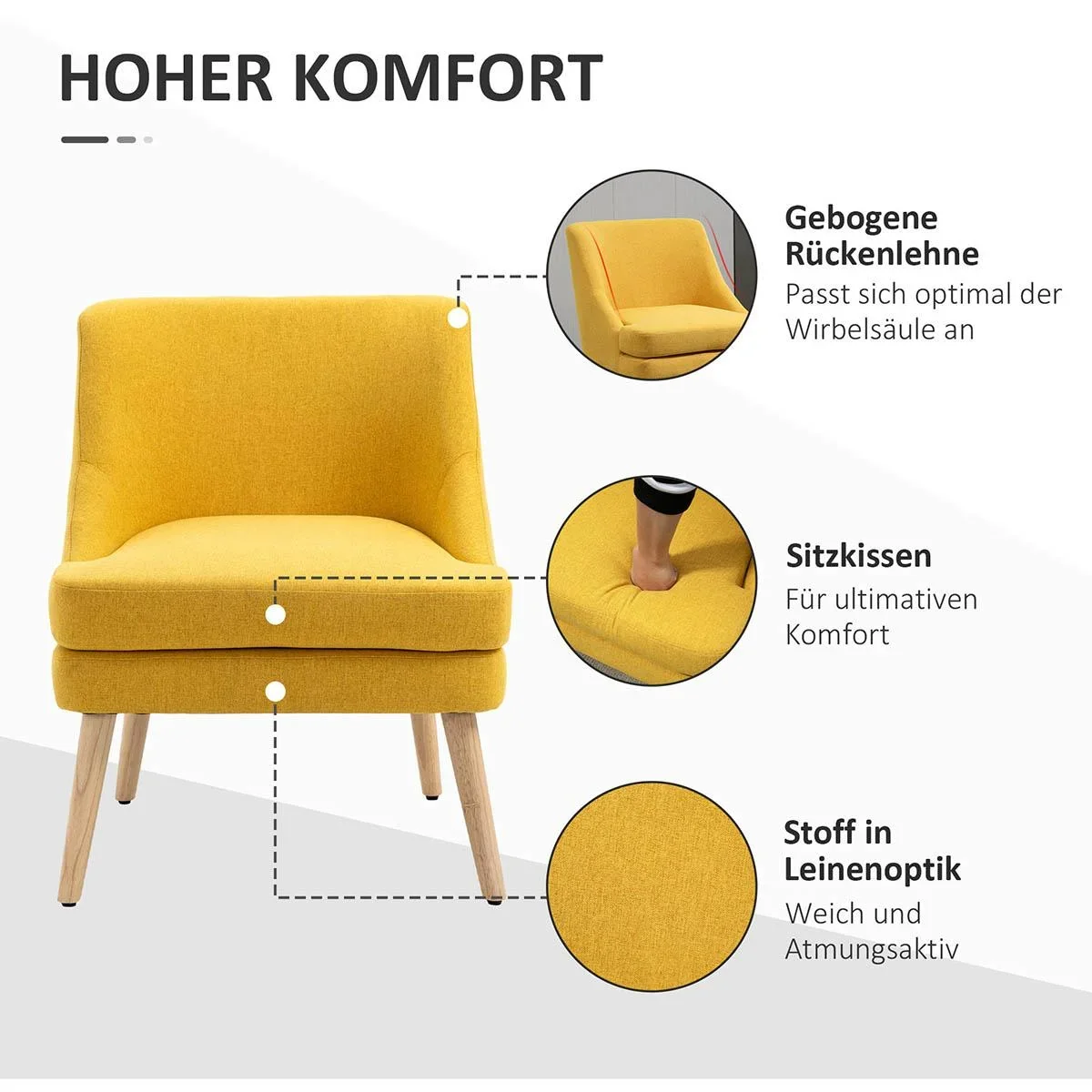 Esszimmerstuhl mit Armlehne Wohnzimmerstuhl Bürostuhl Polsterstuhl modern Leinen-Touch Holz Gelb 63 x 69 x 79,5 cm - 3