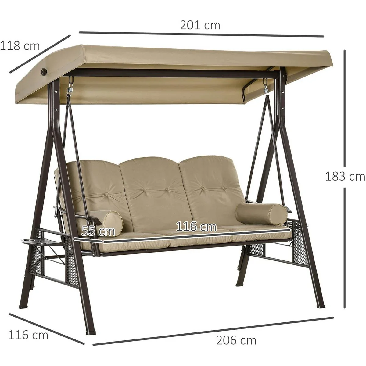 3-Sitzer Hollywoodschaukel mit Sonnenschirm Taupe 116 x 206 x 183 cm - 1
