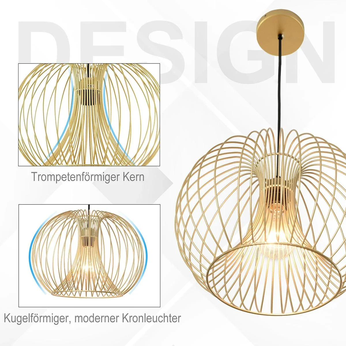 Pendelleuchte mit goldenem gebogenem Stahlrahmen gold - 8