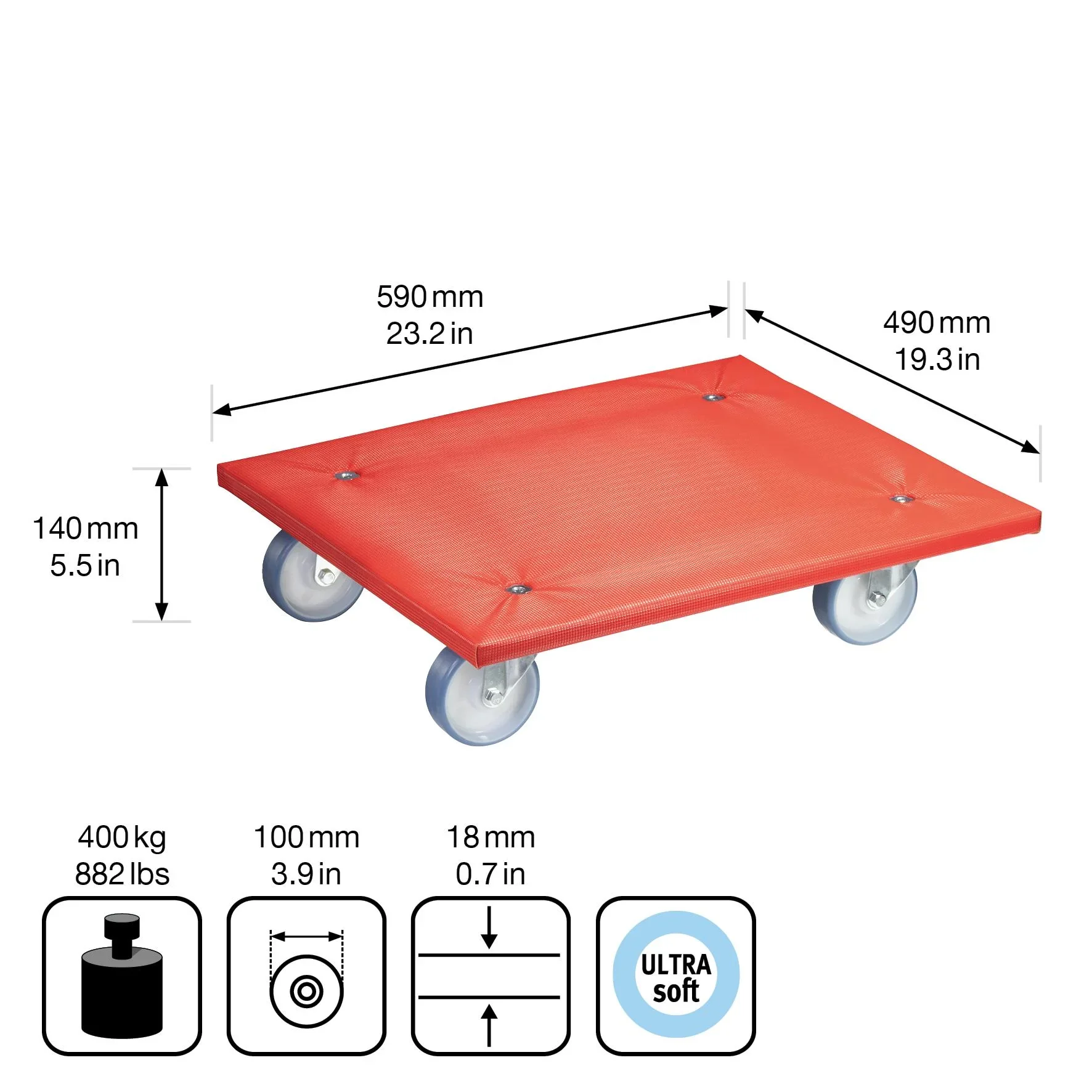 Transporthilfe MM 1397, 59 x 49 x 14 cm, harte Rollen Ø 100 mm, Rollenlager, Platte FSC® bezogen, Tragkraft 400 kg - 5