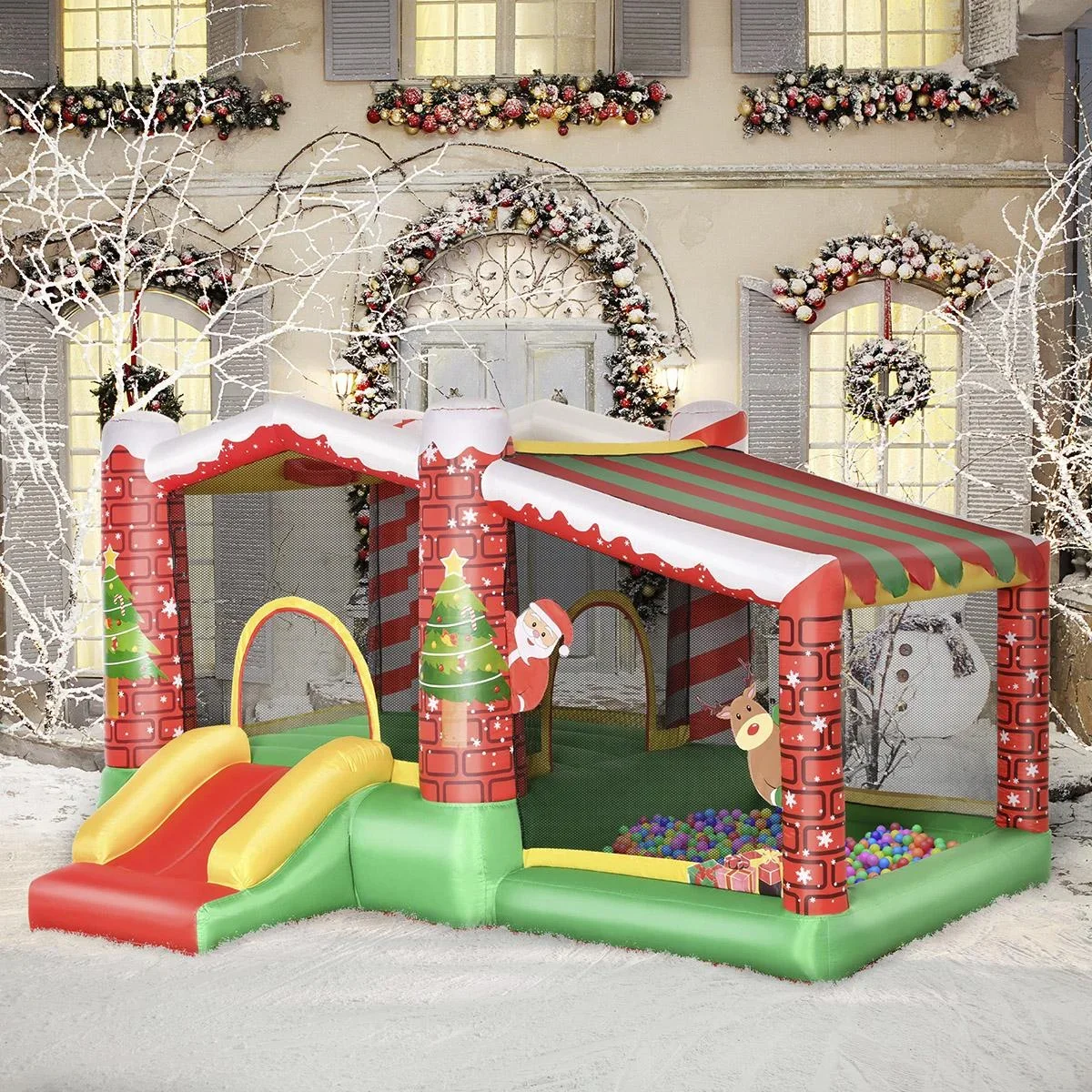 Weihnachten Aufblasbare Hüpfburg für 3 Kinder Springburg mit Gebläse für 3-8 Jahre Rot+Grün 325 x 270 x 175 cm - 1