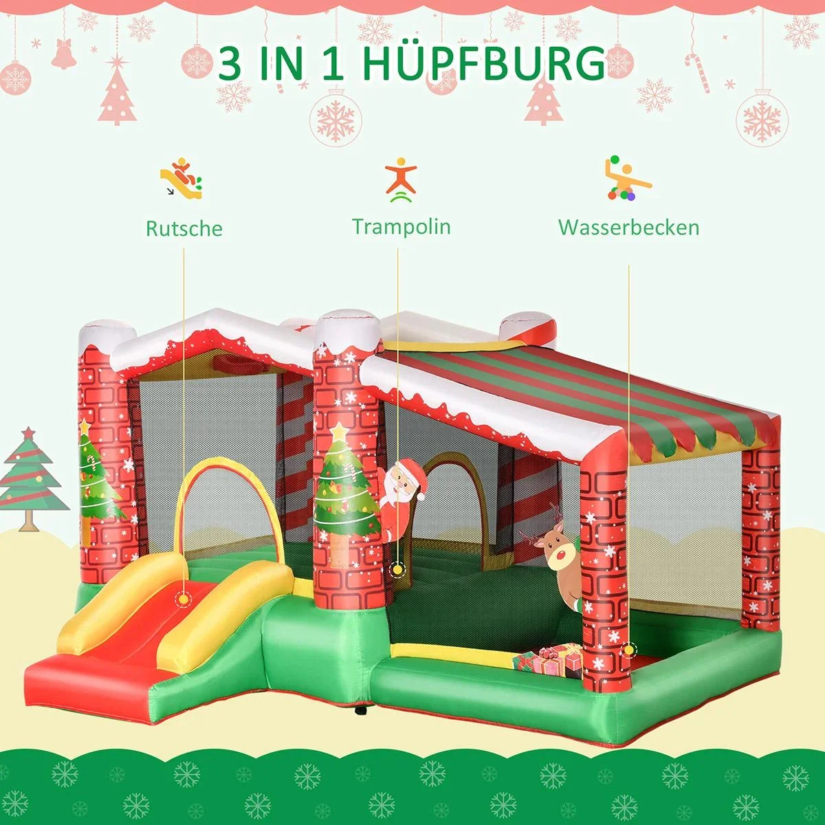 Weihnachten Aufblasbare Hüpfburg für 3 Kinder Springburg mit Gebläse für 3-8 Jahre Rot+Grün 325 x 270 x 175 cm - 2