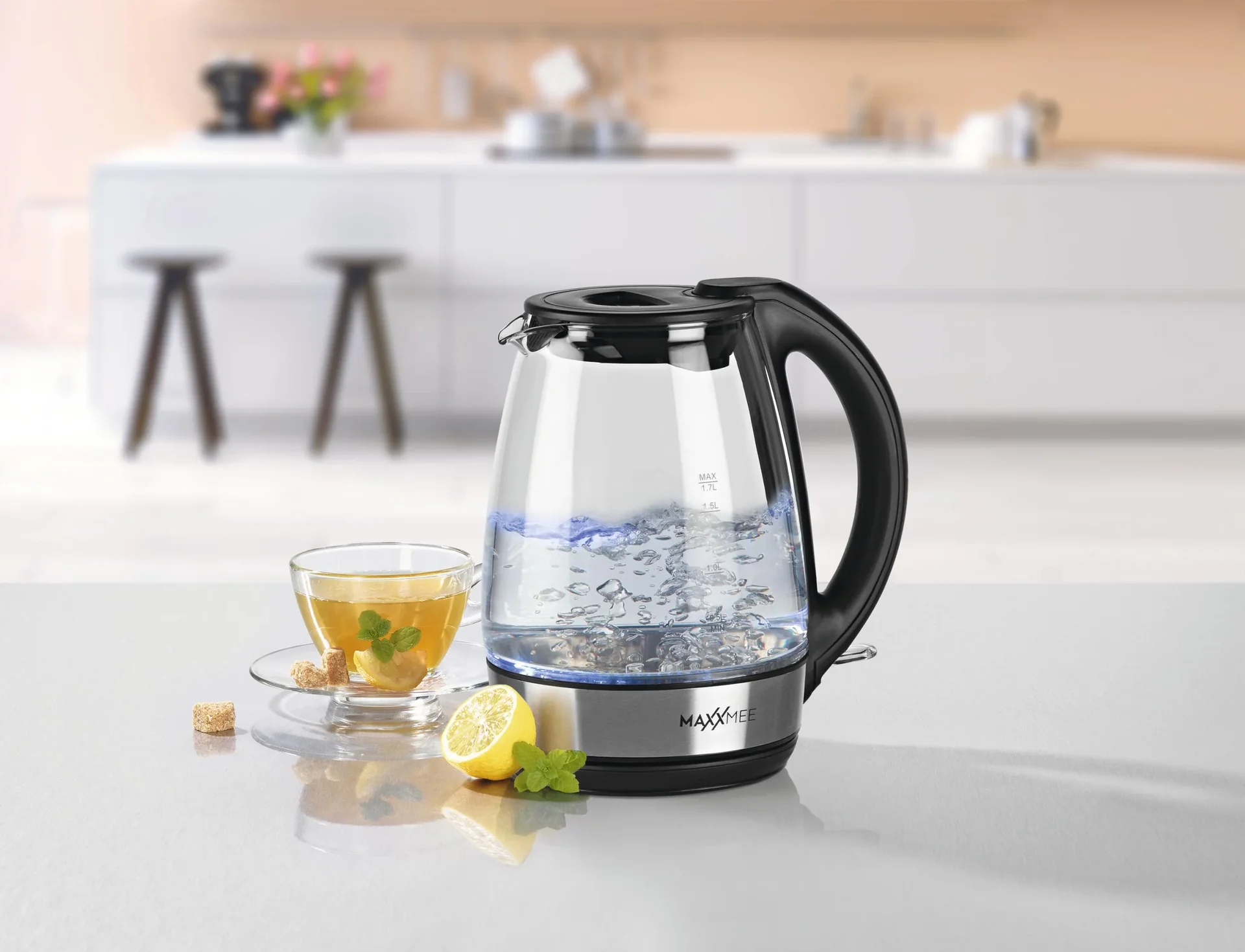 Glas-Wasserkocher LED blau 2200 Watt, 1,7 L - 2