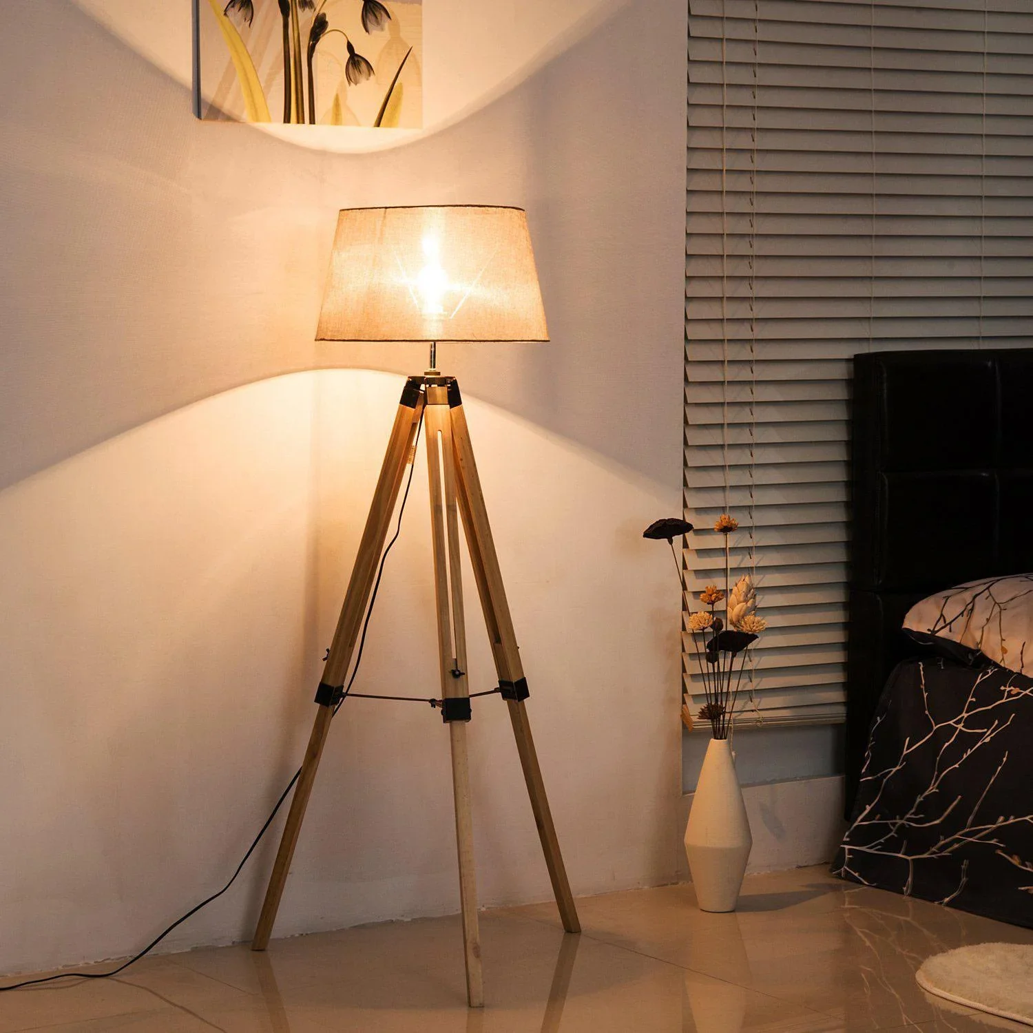 Stehlampe Dreibein höhenverstellbar 99-143cm E27 Kiefer Beige - 0