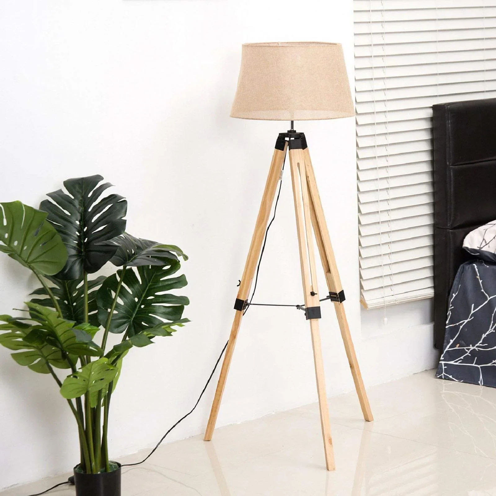 Stehlampe Dreibein höhenverstellbar 99-143cm E27 Kiefer Beige - 2