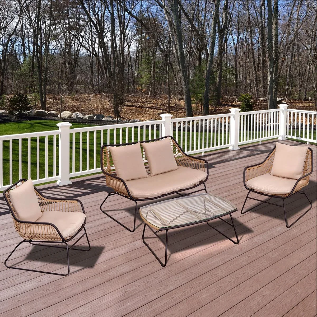 Polyrattan Gartenbank 4-teiliges Rattensofa-Set für Pause Teetisch aus gehärtetem Glas Sitzbank mit Tisch & Kissen Stahl - 0