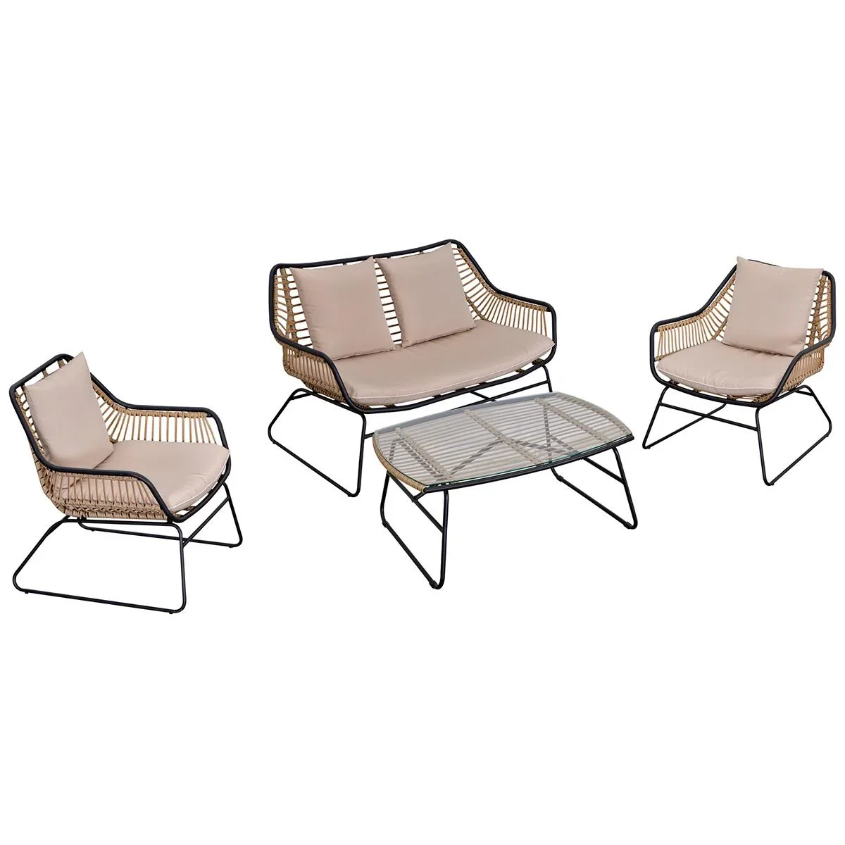 Polyrattan Gartenbank 4-teiliges Rattensofa-Set für Pause Teetisch aus gehärtetem Glas Sitzbank mit Tisch & Kissen Stahl - 1