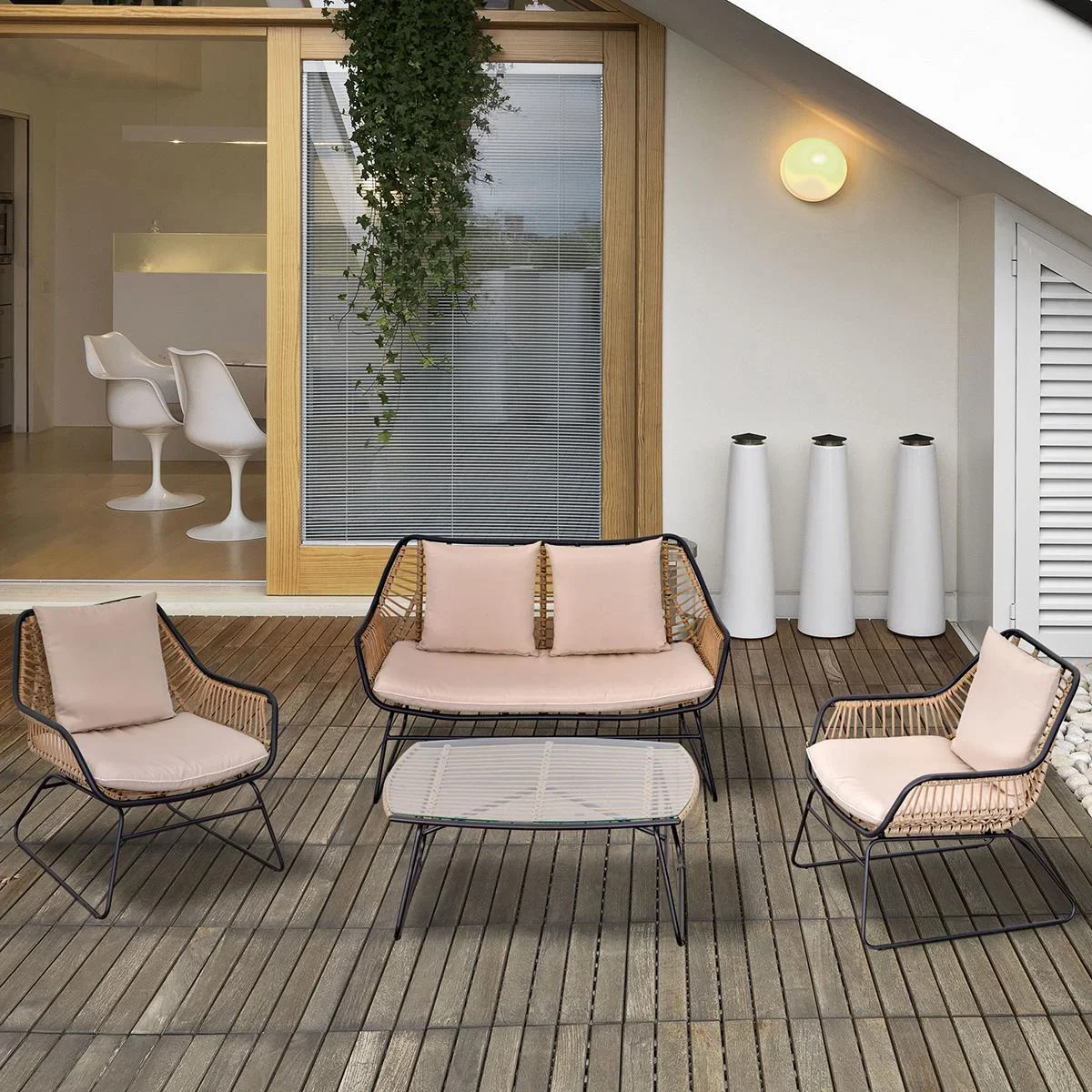 Polyrattan Gartenbank 4-teiliges Rattensofa-Set für Pause Teetisch aus gehärtetem Glas Sitzbank mit Tisch & Kissen Stahl - 2