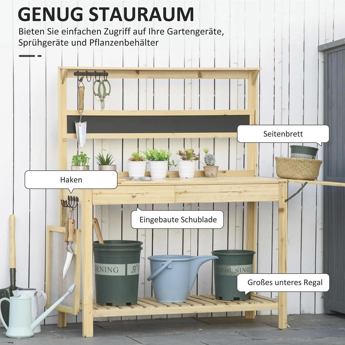 Pflanztisch Gärtnertisch mit 8 Haken Schublade Ablage Blumentisch aus Holz für Garten Terrasse Natur 151 x 45,5 x 143 cm - 0