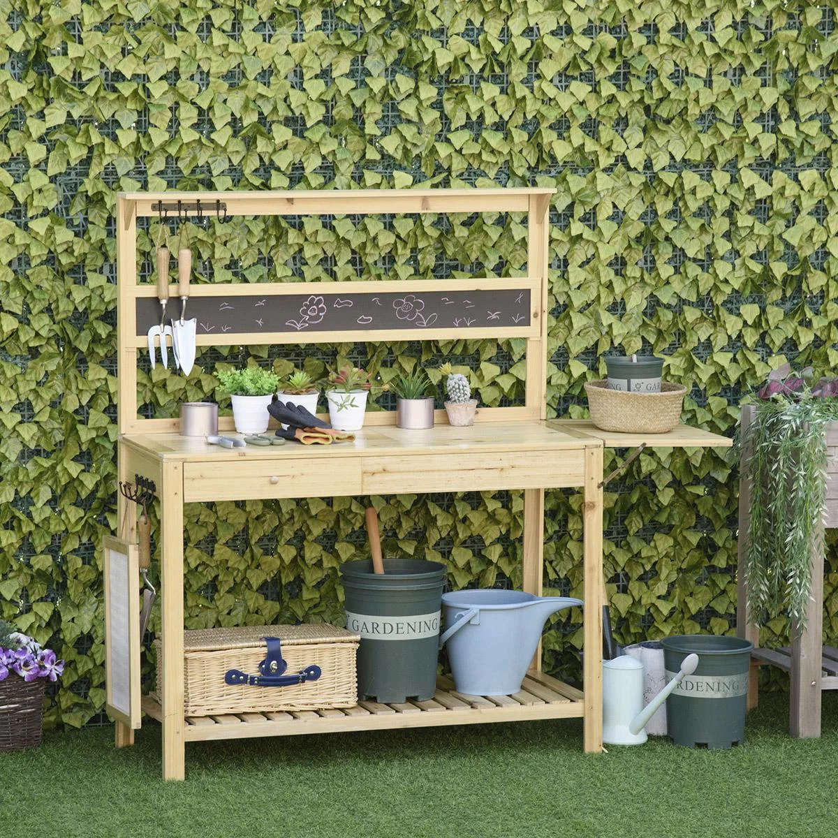 Pflanztisch Gärtnertisch mit 8 Haken Schublade Ablage Blumentisch aus Holz für Garten Terrasse Natur 151 x 45,5 x 143 cm - 2
