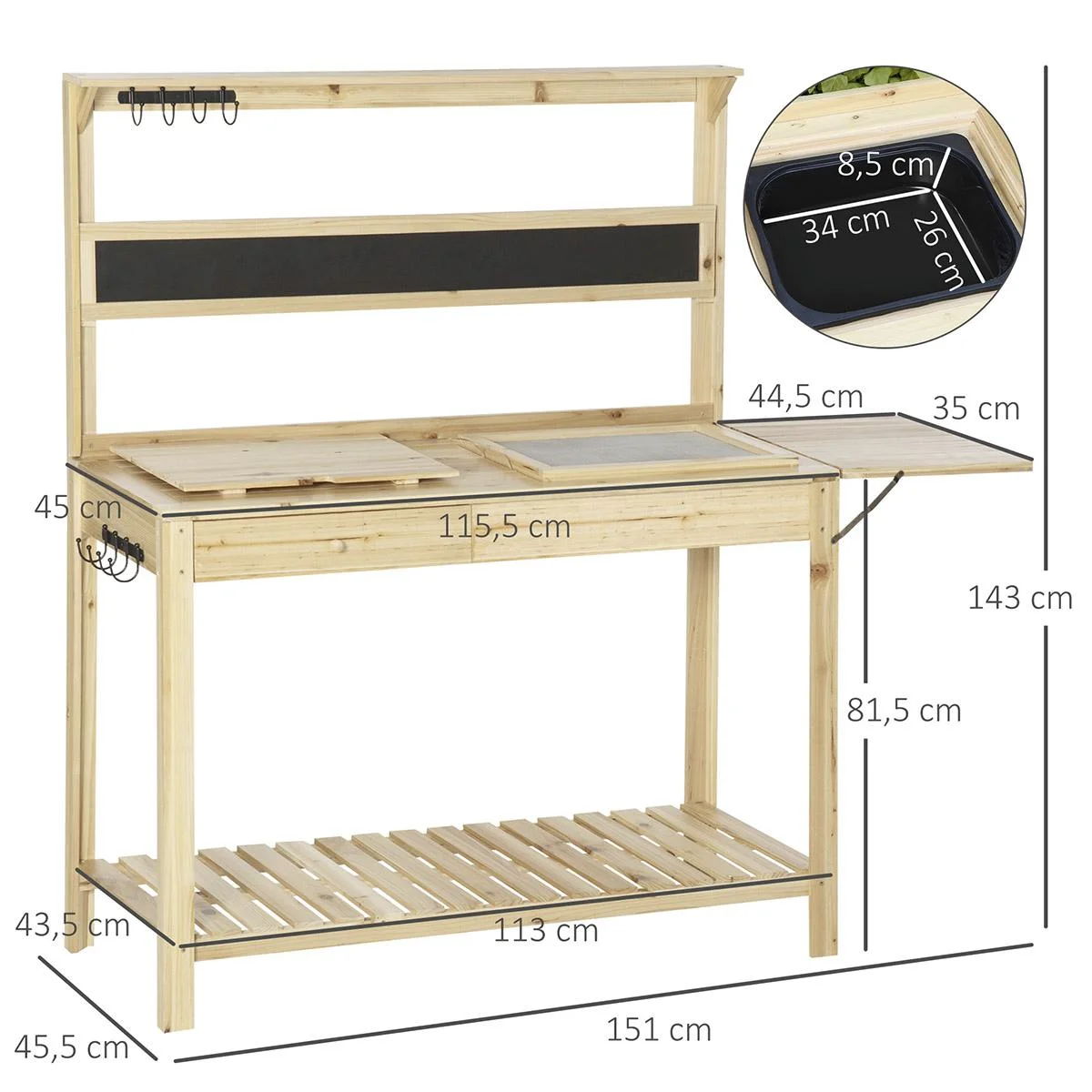 Pflanztisch Gärtnertisch mit 8 Haken Schublade Ablage Blumentisch aus Holz für Garten Terrasse Natur 151 x 45,5 x 143 cm - 4