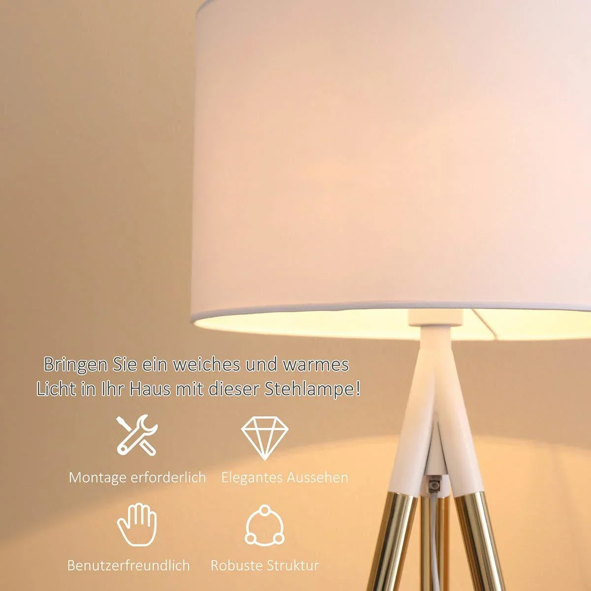 Stehlampe Wohnzimmer Tripod Stehleuchte 40W moderne Standleuchte mit E27 Fassung Metallfuß für Schlafzimmer Büro Weiß+Go - 1
