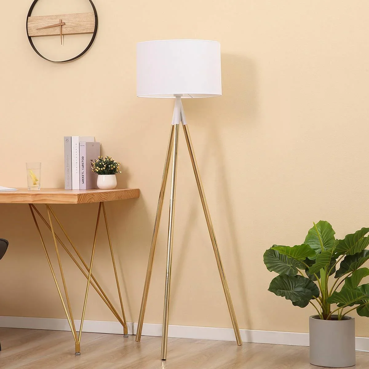 Stehlampe Wohnzimmer Tripod Stehleuchte 40W moderne Standleuchte mit E27 Fassung Metallfuß für Schlafzimmer Büro Weiß+Go - 2