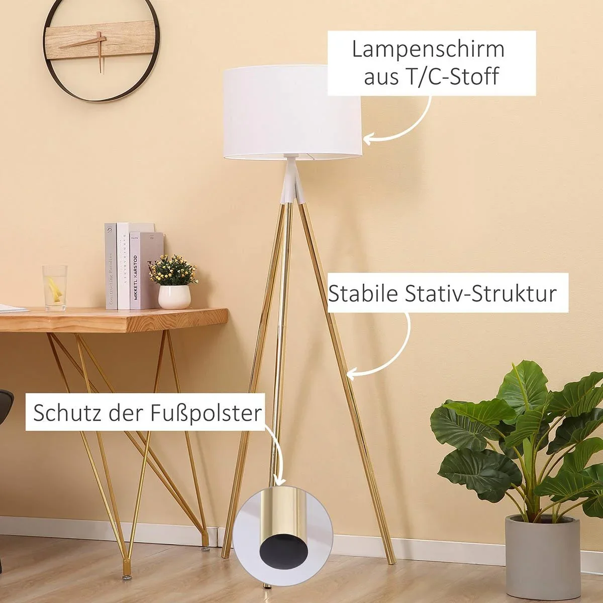 Stehlampe Wohnzimmer Tripod Stehleuchte 40W moderne Standleuchte mit E27 Fassung Metallfuß für Schlafzimmer Büro Weiß+Go - 4
