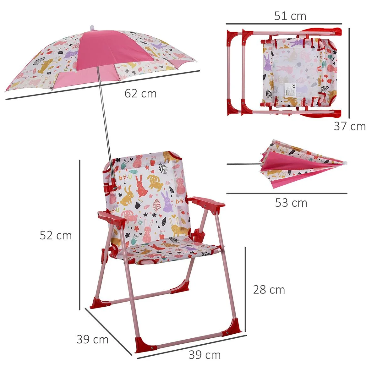Kinder-Campingstuhl mit Sonnenschirm Klappstuhl für 1-3 Jahre leichte Gewicht Metall Rot 39 x 39 x 52cm - 0
