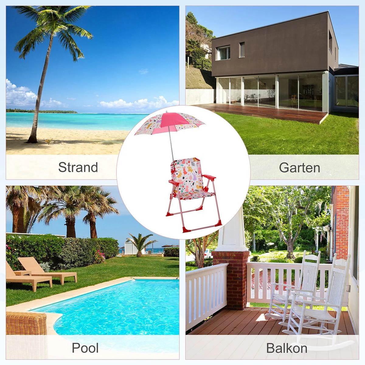 Kinder-Campingstuhl mit Sonnenschirm Klappstuhl für 1-3 Jahre leichte Gewicht Metall Rot 39 x 39 x 52cm - 1