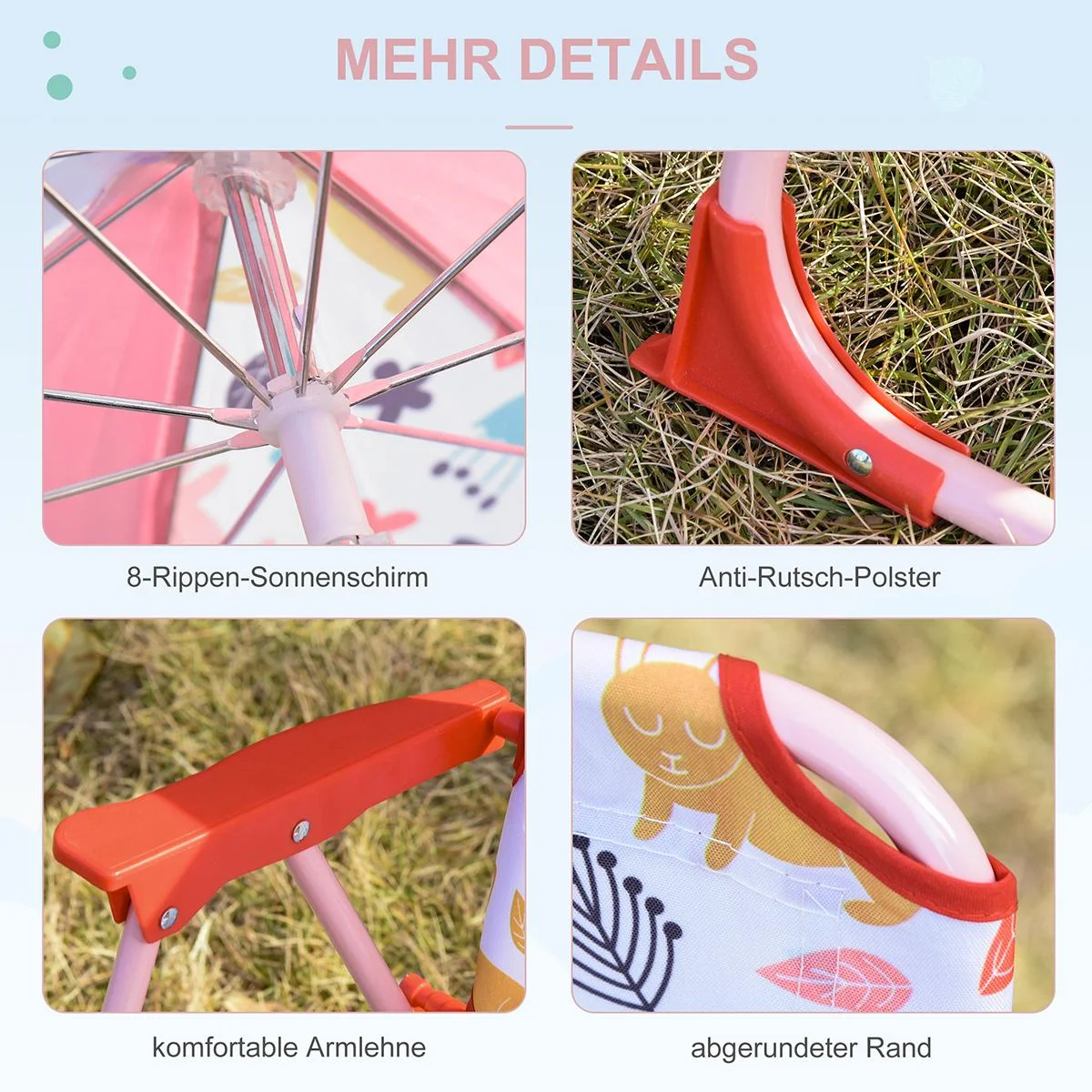 Kinder-Campingstuhl mit Sonnenschirm Klappstuhl für 1-3 Jahre leichte Gewicht Metall Rot 39 x 39 x 52cm - 2