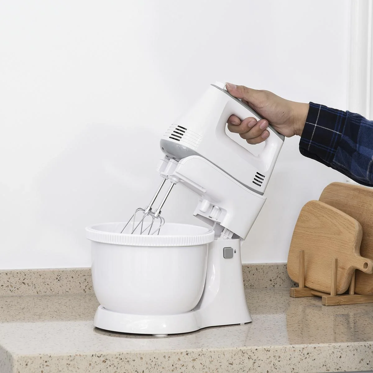 2 in 1 Handrührer Elektrisches Handmixer-Set mit Tischständer 3,4-Liter-Rührschüssel 300W 6 Geschwindigkeiten inclusive - 4