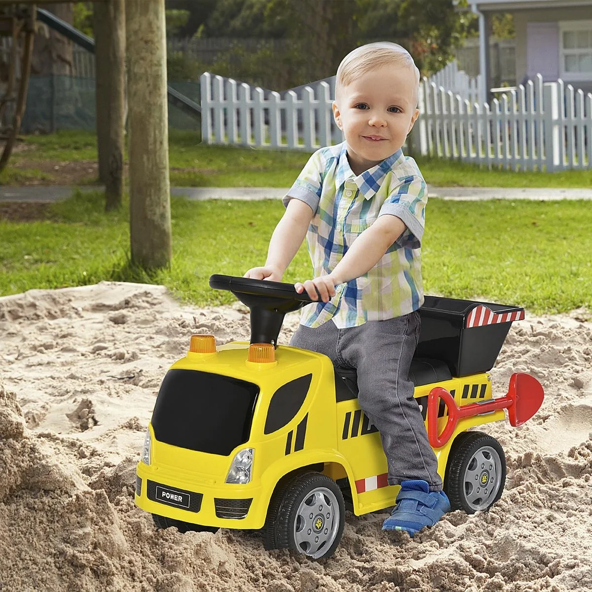 Sitzbagger für Kinder Rutscherfahrzeug mit Kippen Eimer und Schaufel Fuß Rutscherauto unter Sitz Lagerung für Baby 18-36 - 3