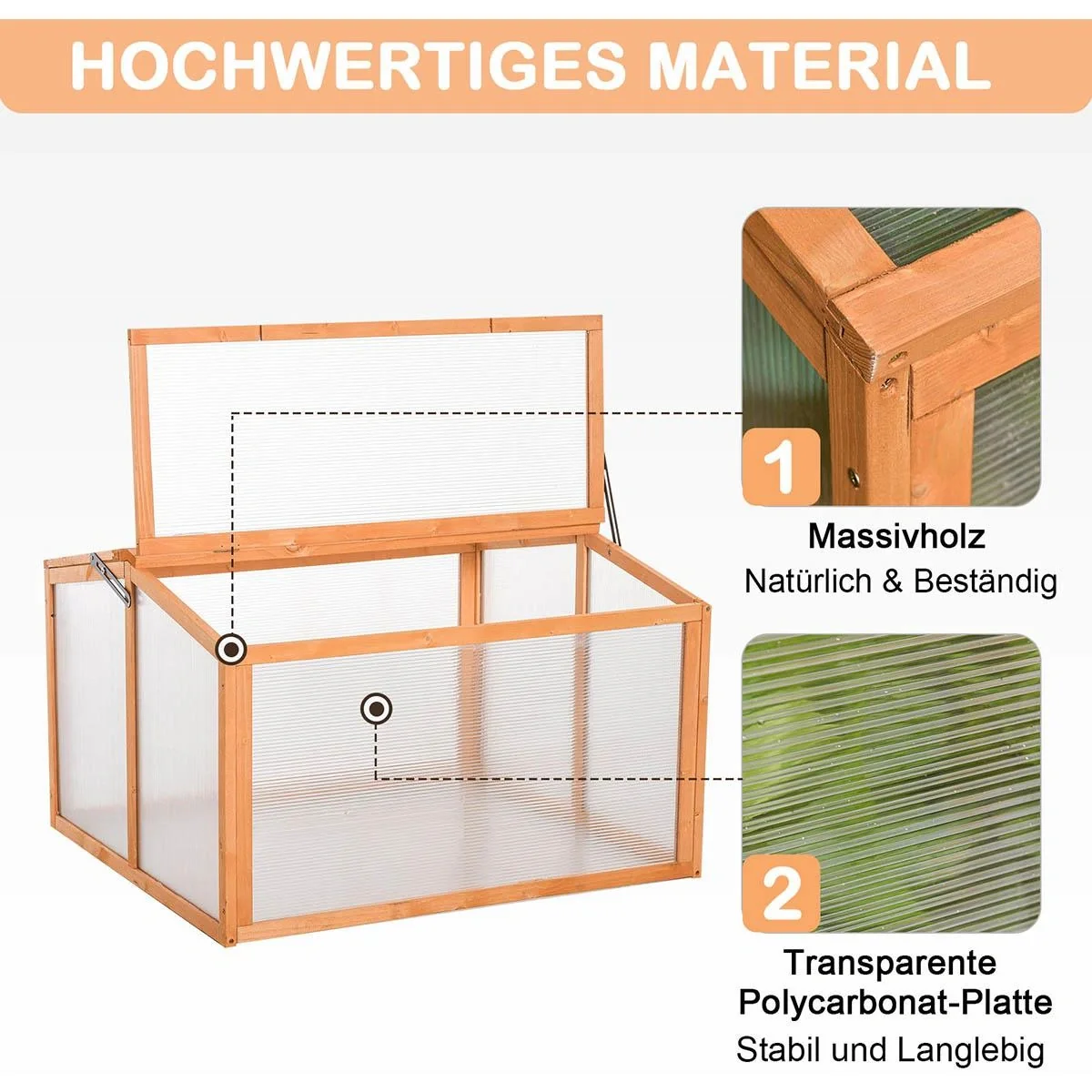 Frühbeet Treibhaus Gewächshaus Frühbeetkasten Pflanzenbeet mit Abdeckung aus Holz und Polycarbonat wetterfest Orange 90 - 5