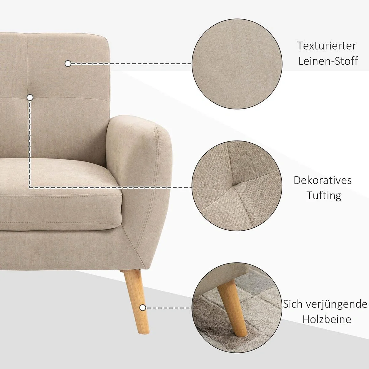 Polstersessel Sessel mit Armlehnen Wohnzimmerstuhl mit Armlehne Bürostuhl Polsterstuhl modern Leinen-Touch Holz Beige 8 - 5