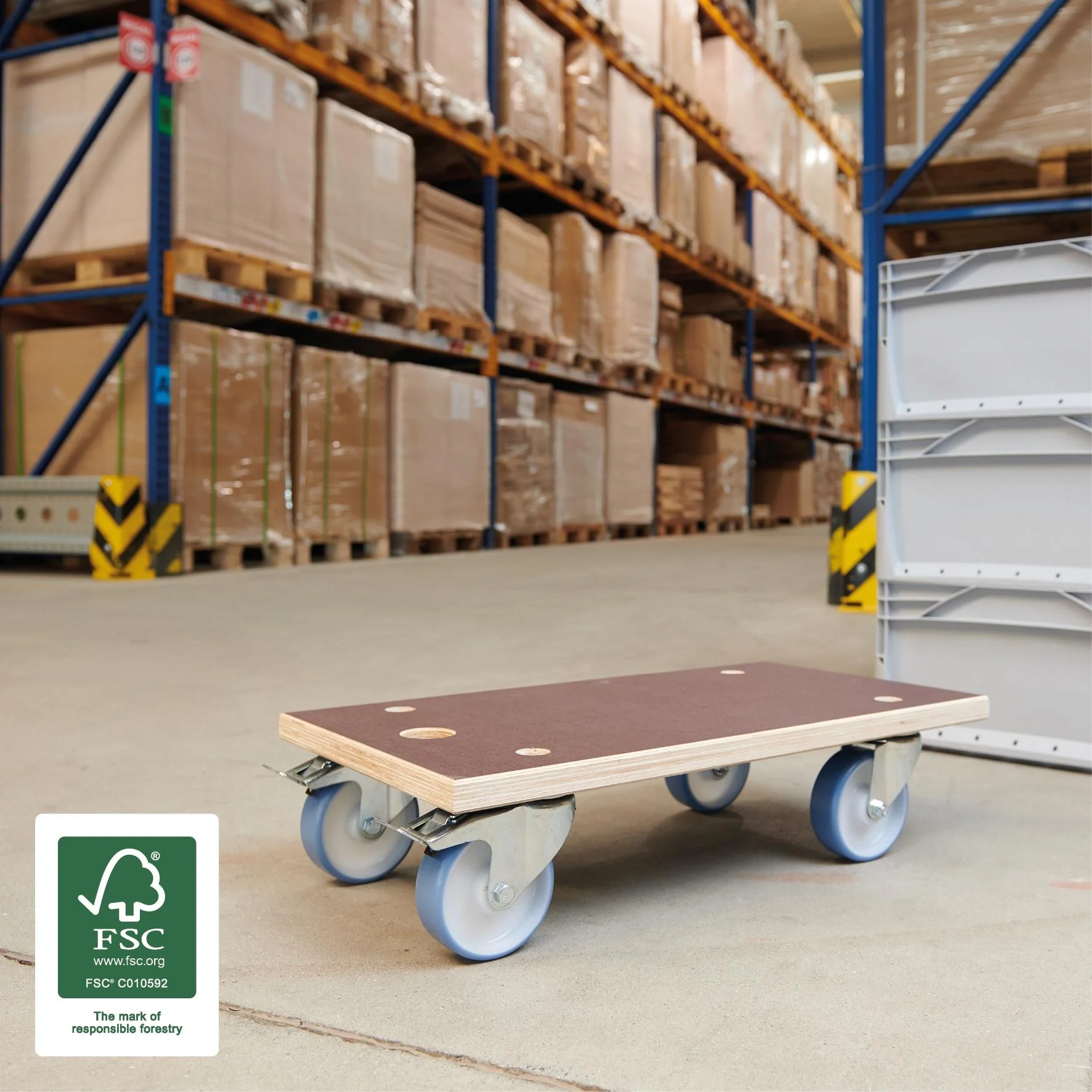Transporthilfe MM 1341, 57,5 x 30 x 15 cm, harte Rollen Ø 100 mm, Rollenlager, 2 Bremsen, Platte FSC®, Tragkraft 500 kg - 8
